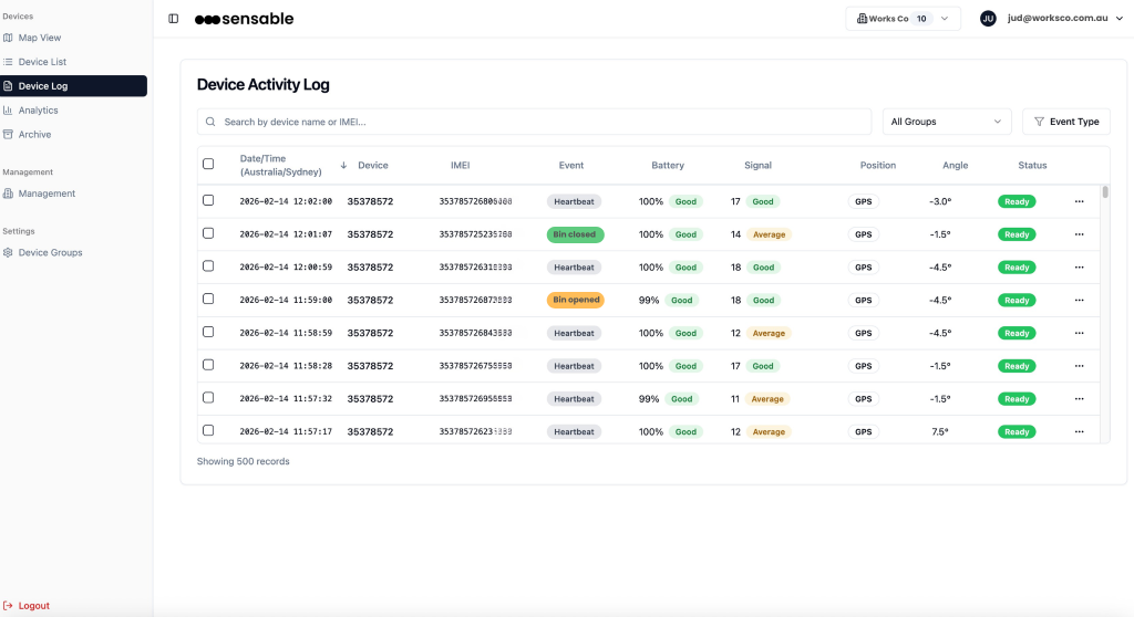 Device activity log with searchable events